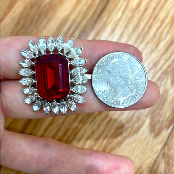 Kenneth Jay Lane Rhodium and Ruby Crystal Rhinestone Ring - Picture 2 of 4